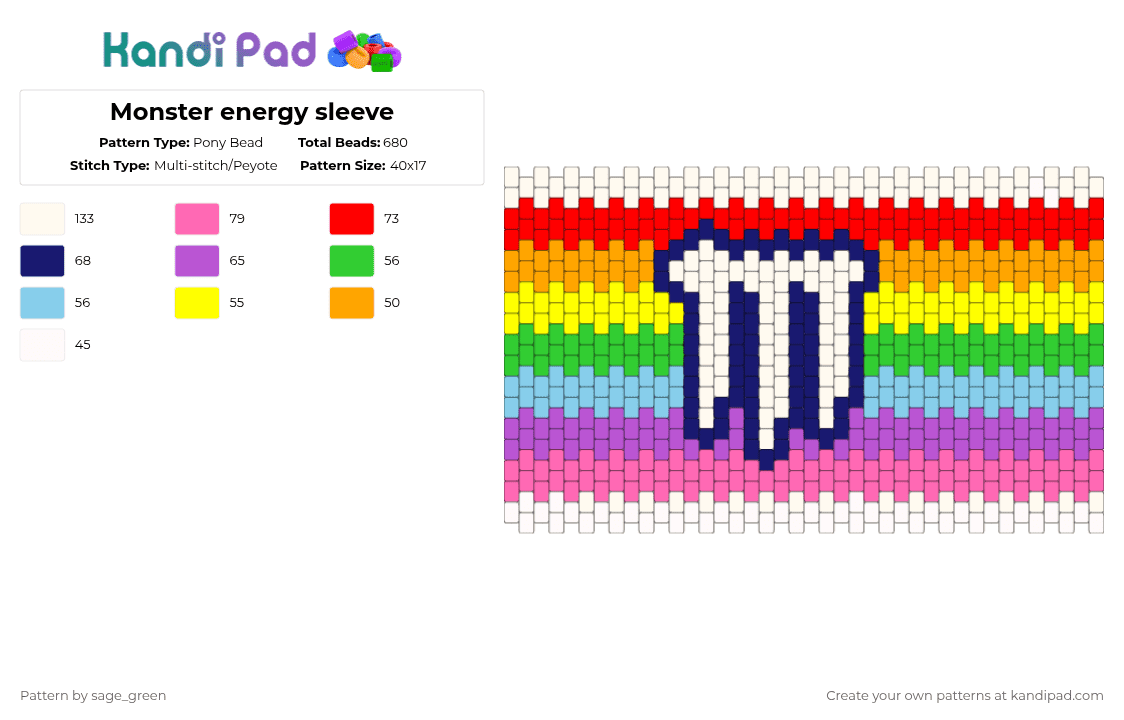 Monster energy sleeve - Pony Bead Pattern by sagey_green on Kandi Pad - red,purple,pink,monster,monster energy,pony beads,cuff,pony bead cuff,monster energy cuff