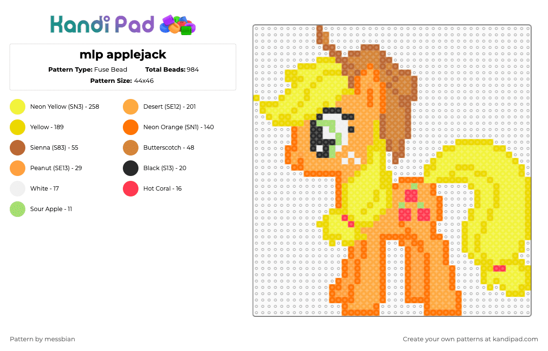 mlp applejack - Fuse Bead Pattern by messbian on Kandi Pad - orange,yellow