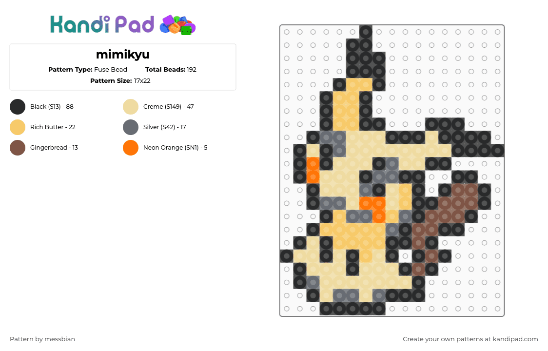 mimikyu - Fuse Bead Pattern by messbian on Kandi Pad - black,beige,yellow