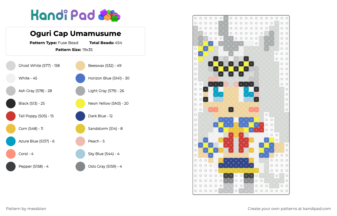 Oguri Cap Umamusume - Fuse Bead Pattern by messbian on Kandi Pad - white,beige,yellow,colorful