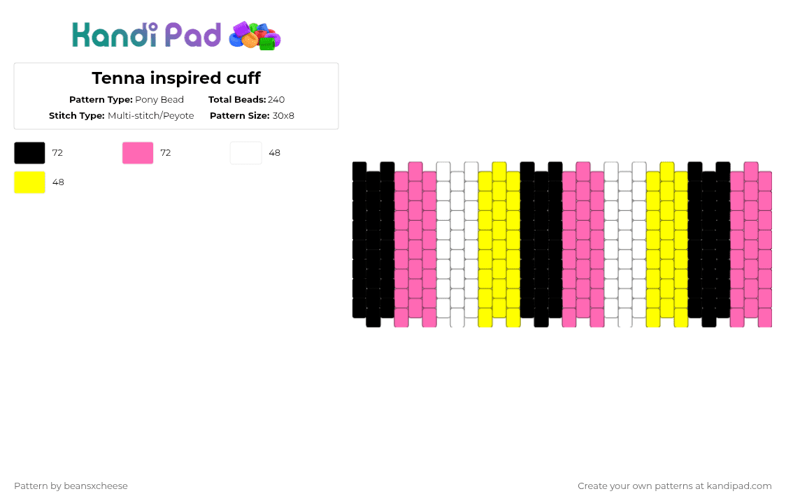 Tenna inspired cuff - Pony Bead Pattern by beansxcheese on Kandi Pad - pink,yellow