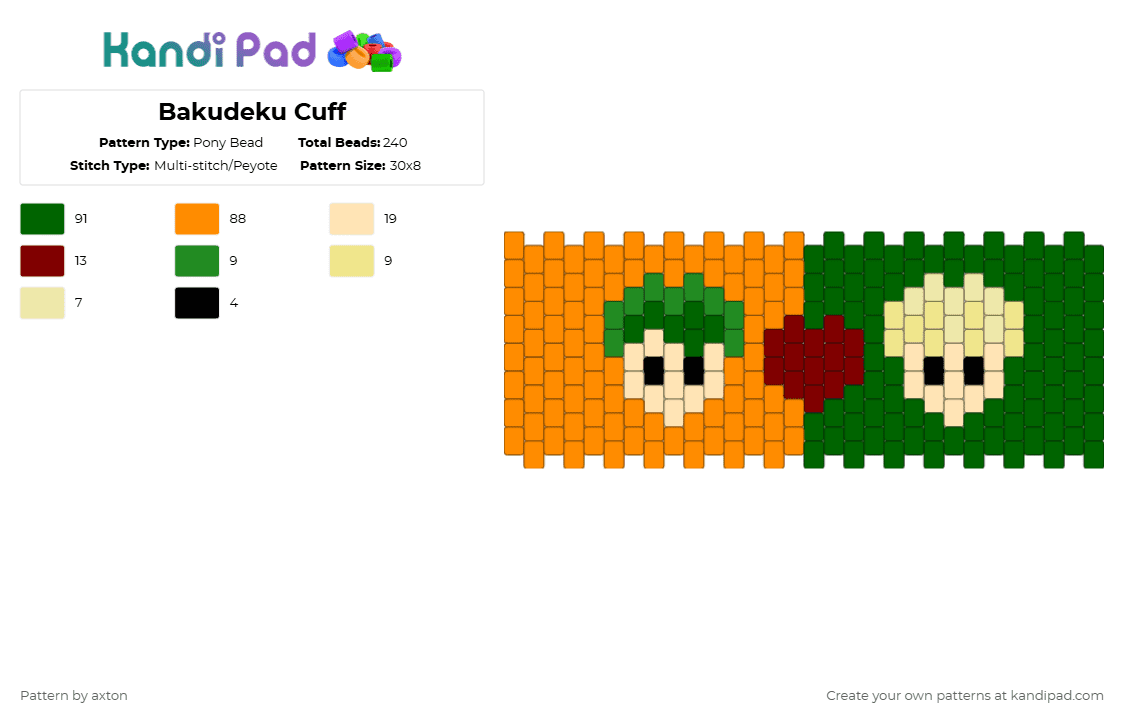 Bakudeku Cuff - Pony Bead Pattern by axton on Kandi Pad - green,orange