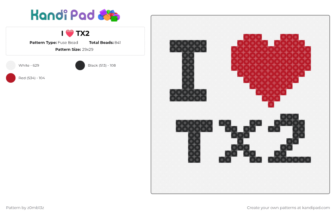 I ❤️ TX2 - Fuse Bead Pattern by z0mb13z on Kandi Pad - tx2,emo,love,church,ethan,corky,cam,evan