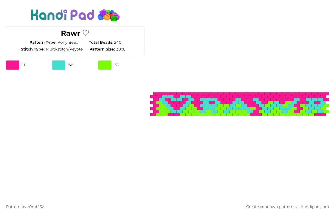Rawr ♡ - Pony Bead Pattern by z0mb13z on Kandi Pad - pink,cotdfestivalfashion,rave,scene,alt,colorful,teal,green