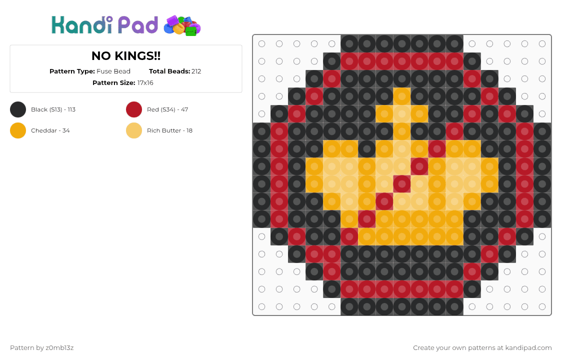 NO KINGS!! - Fuse Bead Pattern by z0mb13z on Kandi Pad - red,orange,nokings,no kings,political,protest,perler