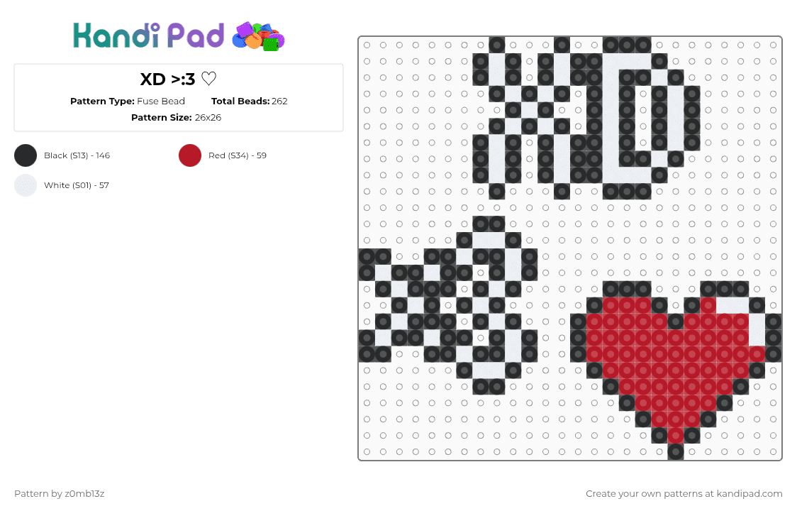 XD >:3 ♡ - Fuse Bead Pattern by z0mb13z on Kandi Pad - white,red,red black white,heart,8 bit,xd,3,emoticon,charm,strite