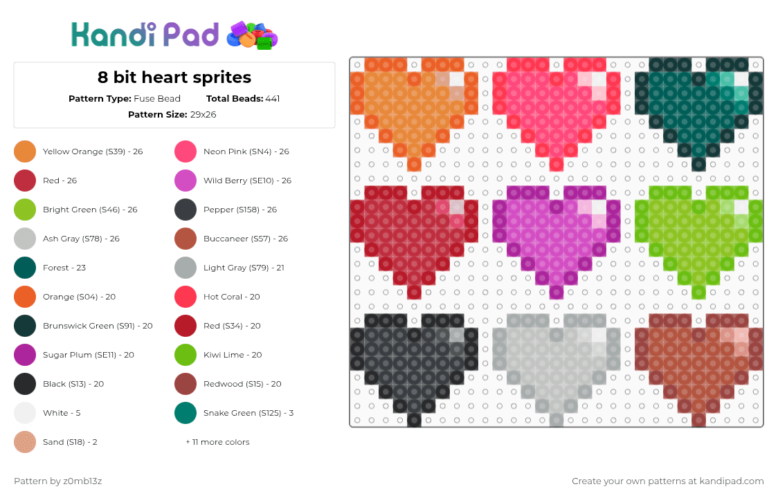 8 bit heart sprites - Fuse Bead Pattern by z0mb13z on Kandi Pad - red,pink,green,heart,colors,hot pink,orange,8 bit,sprites