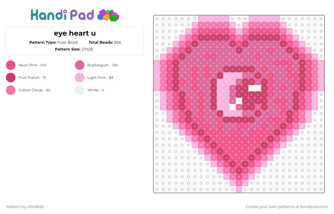 eye heart u - Fuse Bead Pattern by z0mb13z on Kandi Pad - pink,eye,heart,love,i love you,cute,girly,perler