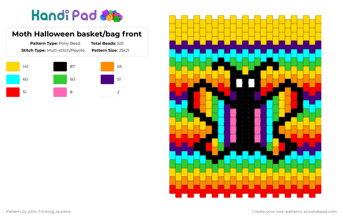 Moth Halloween basket/bag front - Pony Bead Pattern by s0up_th3_l1z4rd on Kandi Pad - light blue,orange,yellow,green