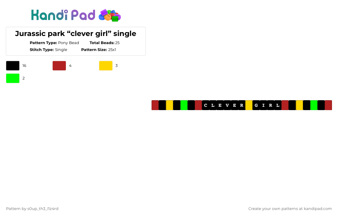 Jurassic park “clever girl” single - Pony Bead Pattern by deleted_user_910507 on Kandi Pad - black, red, yellow
