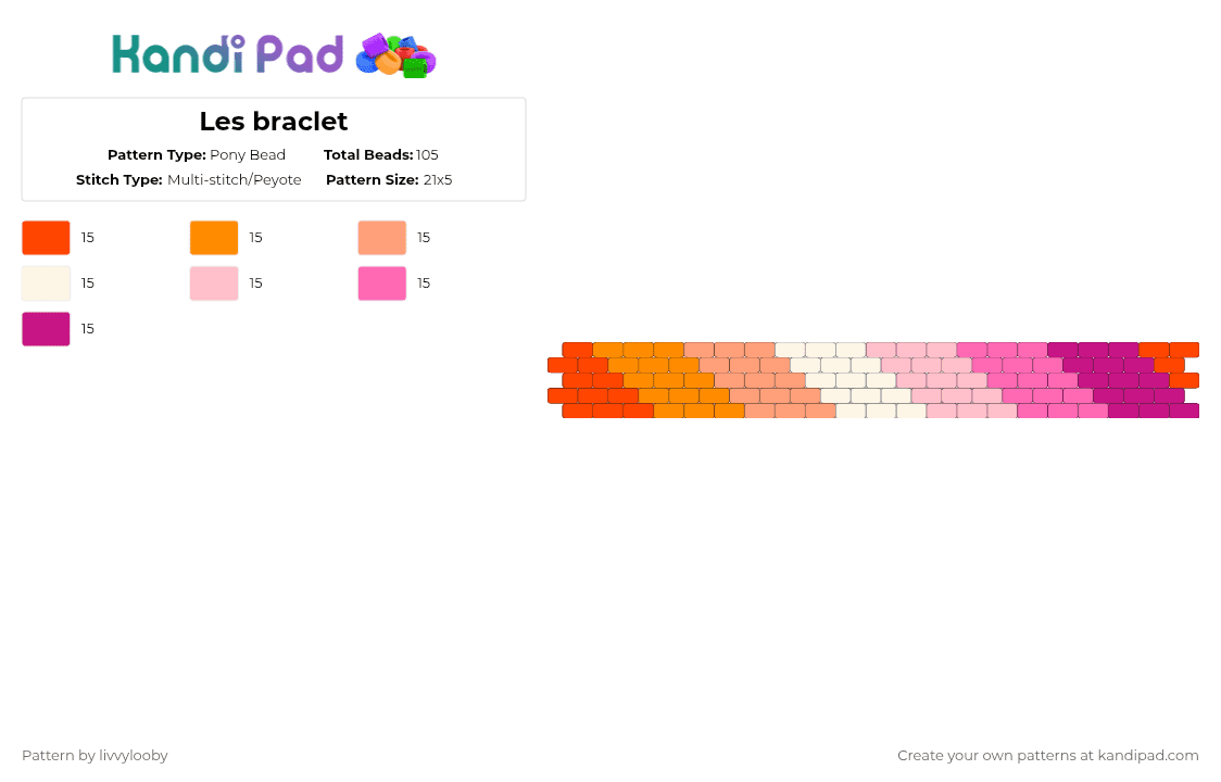 Les braclet - Pony Bead Pattern by livvylooby on Kandi Pad - orange,pink