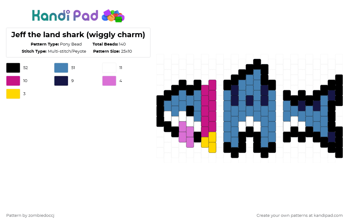 Jeff the land shark (wiggly charm) - Pony Bead Pattern by zombiedoccj on Kandi Pad - blue