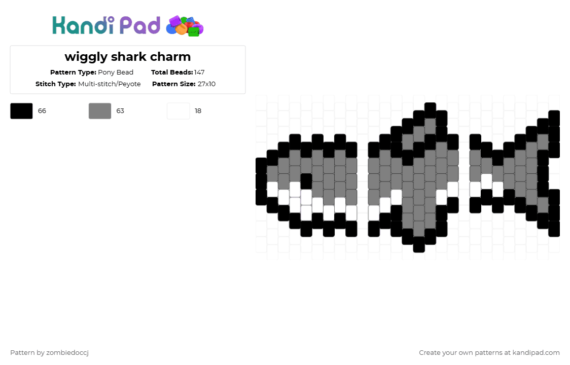 wiggly shark charm - Pony Bead Pattern by zombiedoccj on Kandi Pad - gray,shark,charm,sea,grey,white