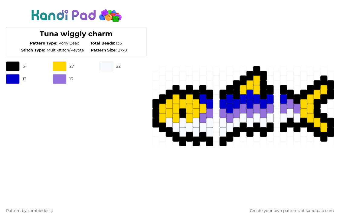 Tuna wiggly charm - Pony Bead Pattern by zombiedoccj on Kandi Pad - yellow,purple,fish,tune,charm,blue