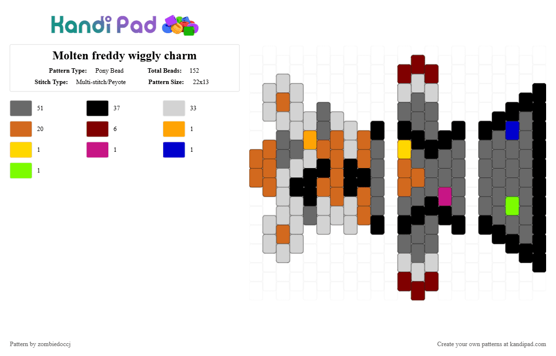 Molten freddy wiggly charm - Pony Bead Pattern by zombiedoccj on Kandi Pad - orange,gray,fnaf,wiggly charm,molten freddy,spaghetti