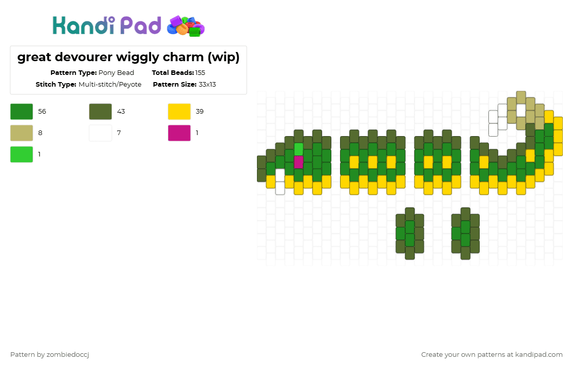 great devourer wiggly charm (wip) - Pony Bead Pattern by zombiedoccj on Kandi Pad - gold,yellow,green,ninjago,snake,charm