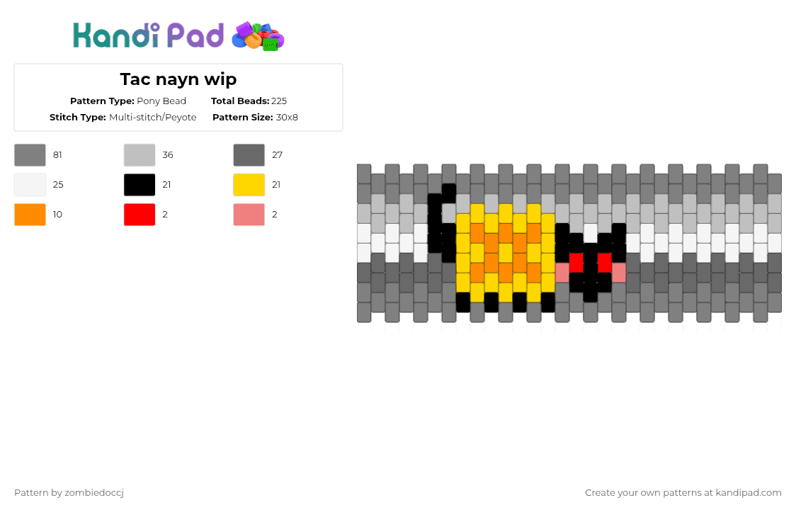 Tac nayn wip - Pony Bead Pattern by zombiedoccj on Kandi Pad - gray,beige,cat,tac nayn,grey,cuff,wip