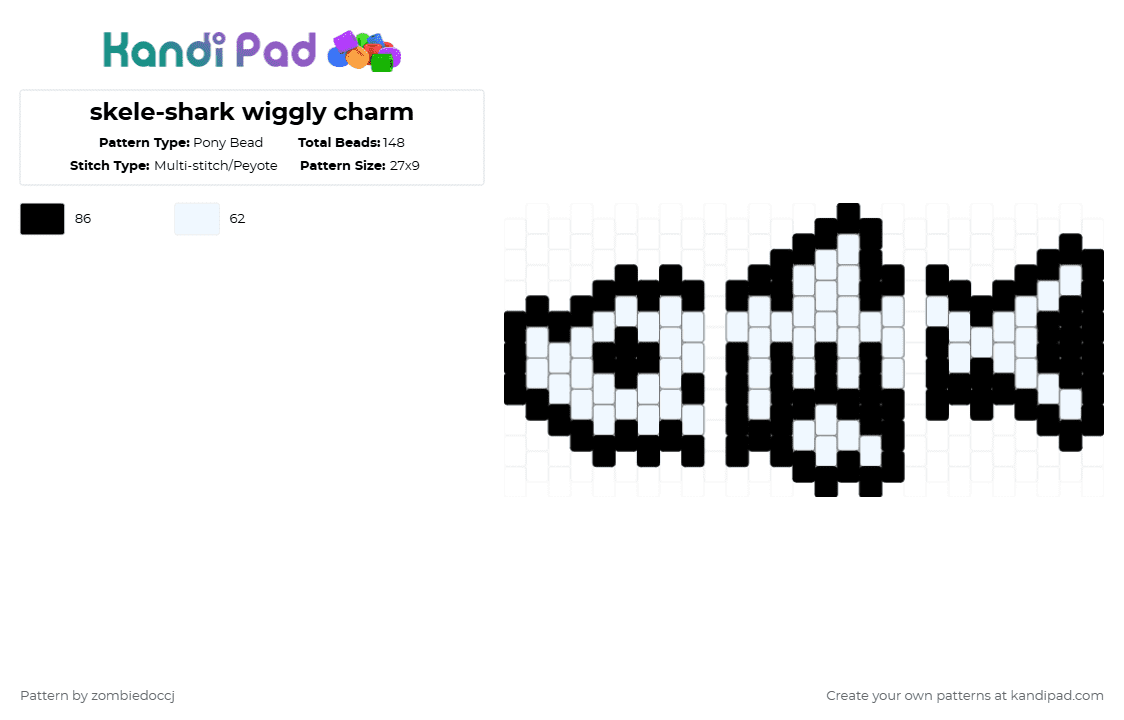 skele-shark wiggly charm - Pony Bead Pattern by zombiedoccj on Kandi Pad - black,white