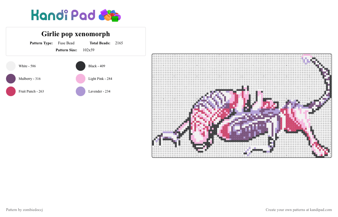 Girlie pop xenomorph - Fuse Bead Pattern by zombiedoccj on Kandi Pad - pink, white