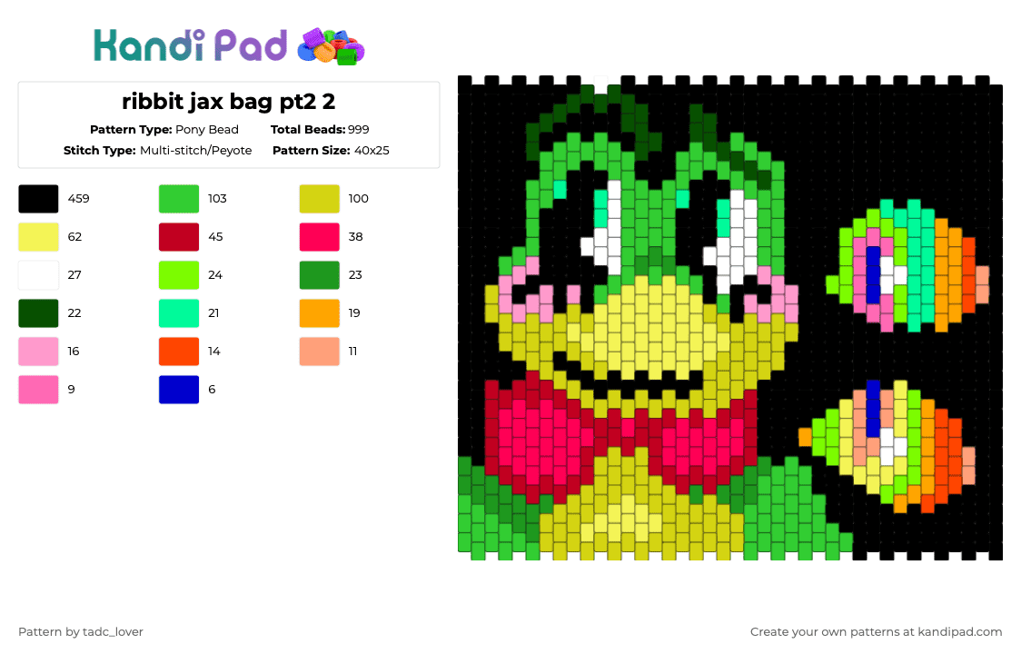 ribbit jax bag pt2 2 (‼️⚠️read disc⚠️‼️) - Pony Bead Pattern by tadc_lover on Kandi Pad - black,green,yellow,red