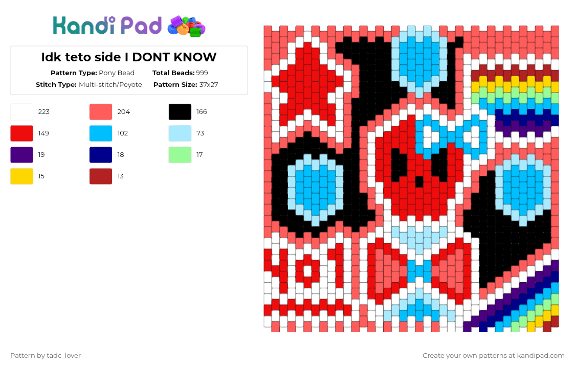 Teto side - Pony Bead Pattern by tadc_lover on Kandi Pad - light blue,red,miku,bag,panel,teto,r e d