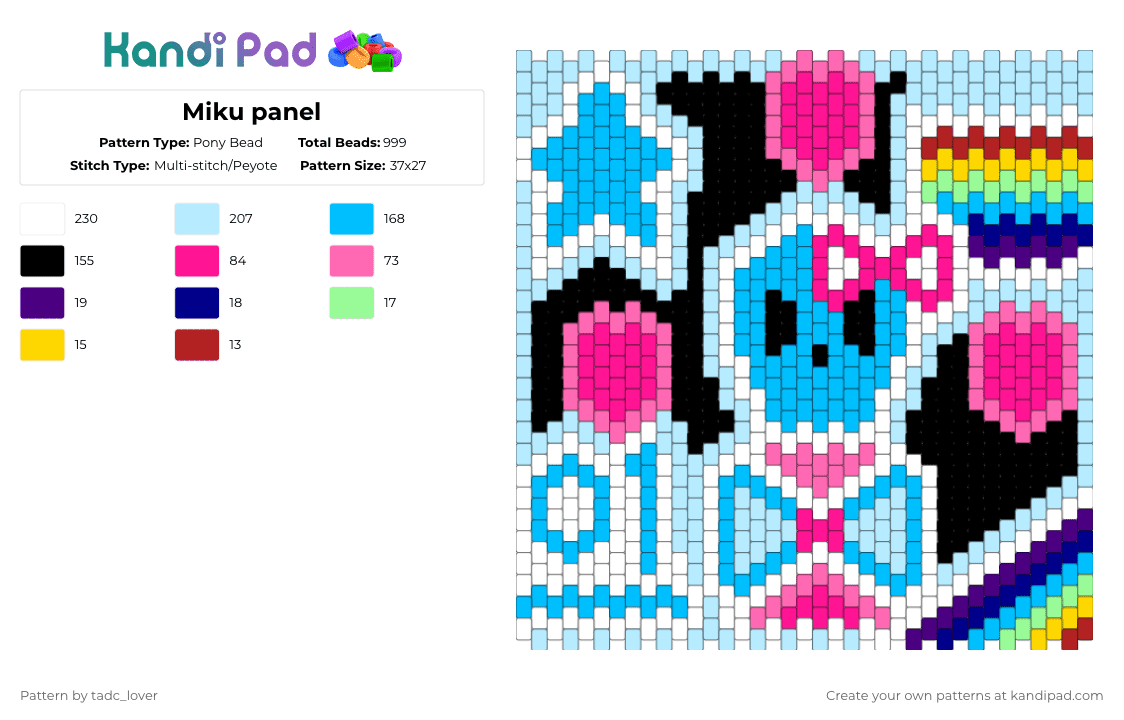 Miku panel for charleynomula - Pony Bead Pattern by tadc_lover on Kandi Pad - pink,light blue