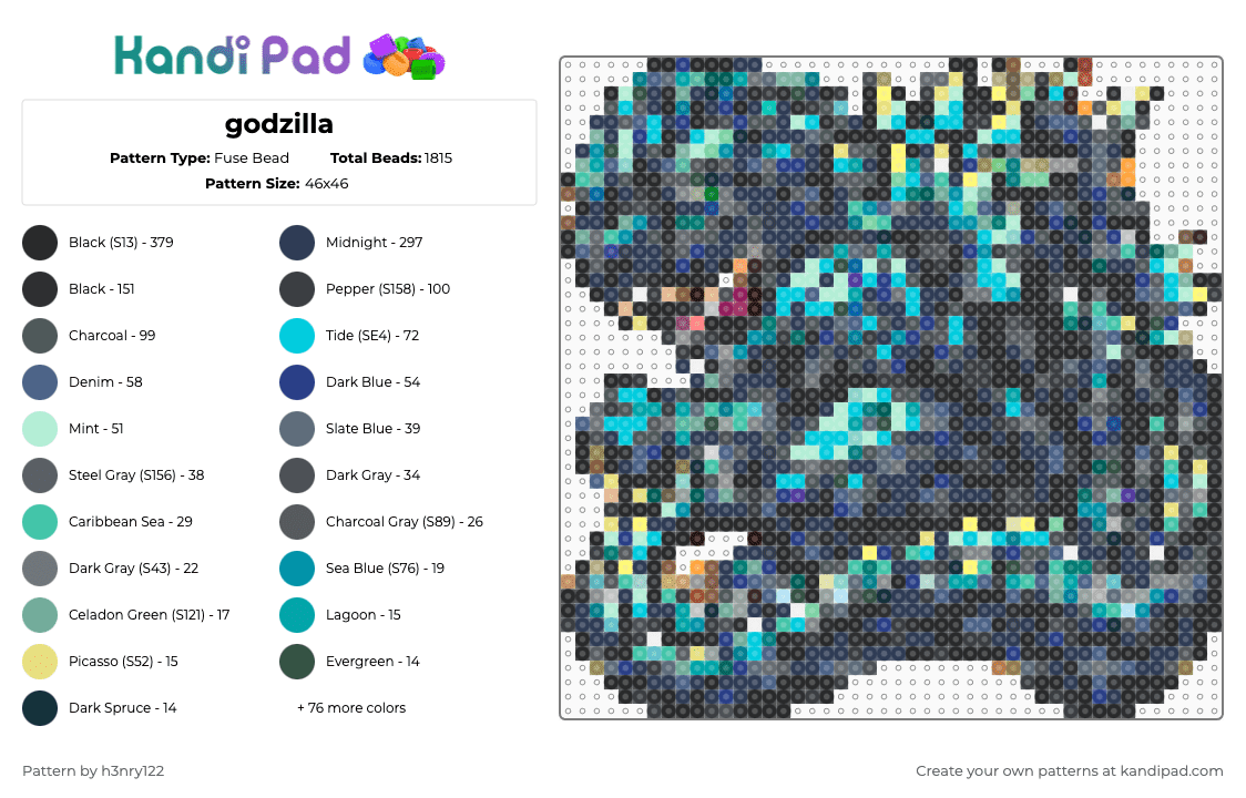 Godzilla Fuse Bead Pattern - Kandi Pad | Kandi Patterns, Fuse Bead ...