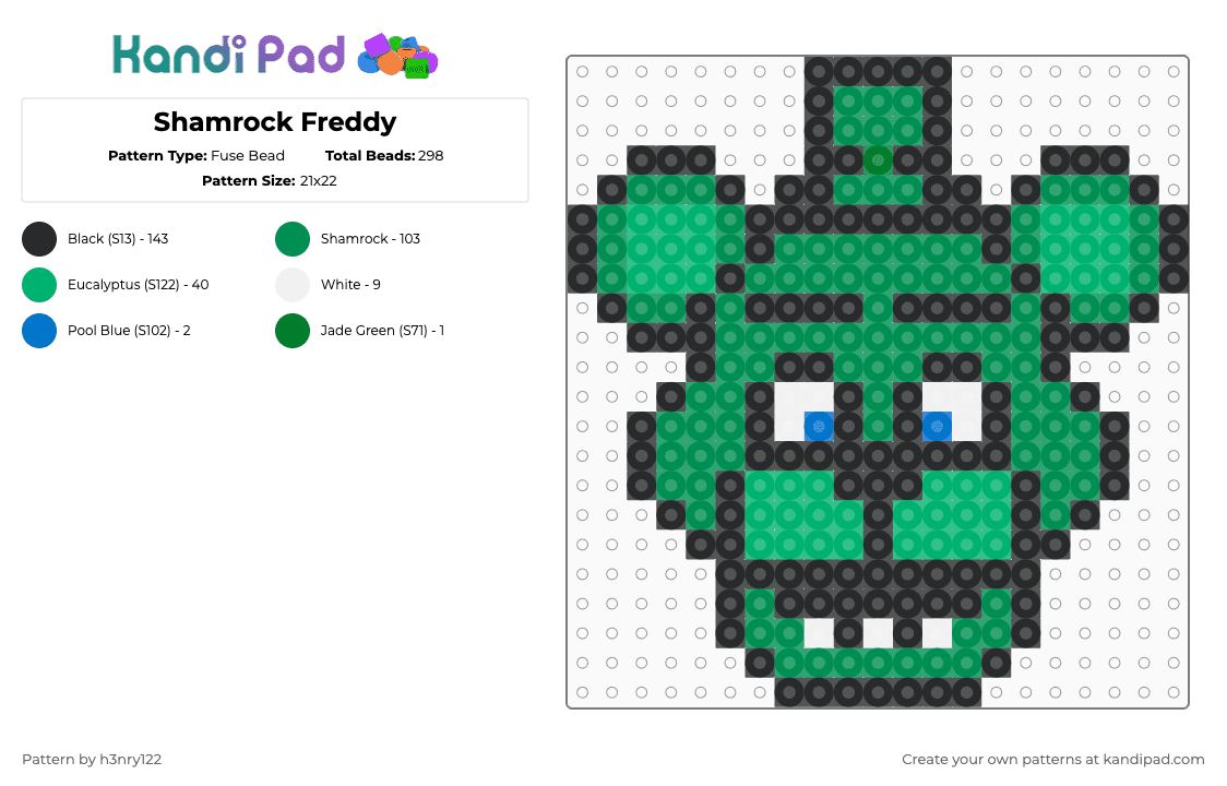 Shamrock Freddy - Fuse Bead Pattern by h3nry122 on Kandi Pad - green,fnaf,freddy,five nights at freddys,video game,gaming,tuff