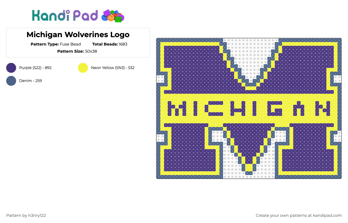 Michigan Wolverines Logo - Fuse Bead Pattern by h3nry122 on Kandi Pad - purple,football,michigan,sports,team,collage,wolverine