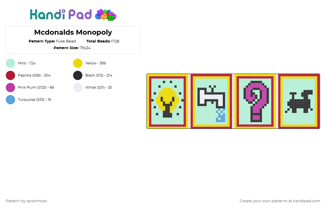 Mcdonalds Monopoly - Fuse Bead Pattern by sarahmoss on Kandi Pad - yellow,light blue