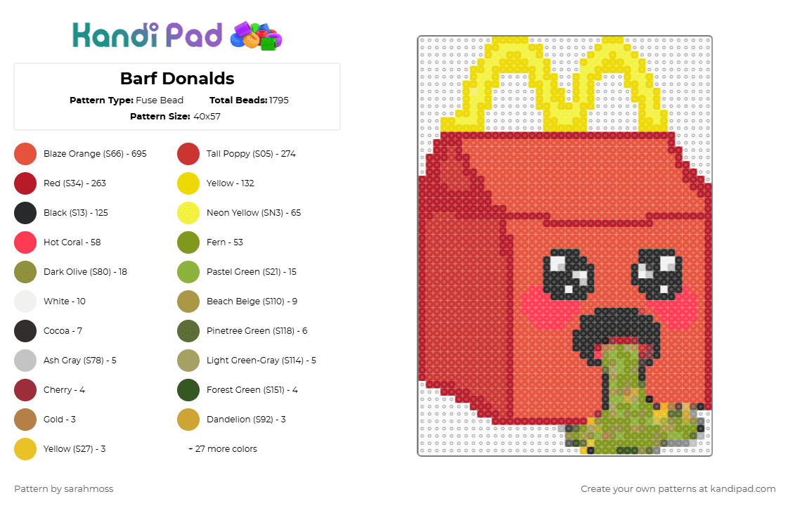 Barf Donalds - Fuse Bead Pattern by sarahmoss on Kandi Pad - mcdonalds,happy meal,puke,fast food,box,food,yellow,red