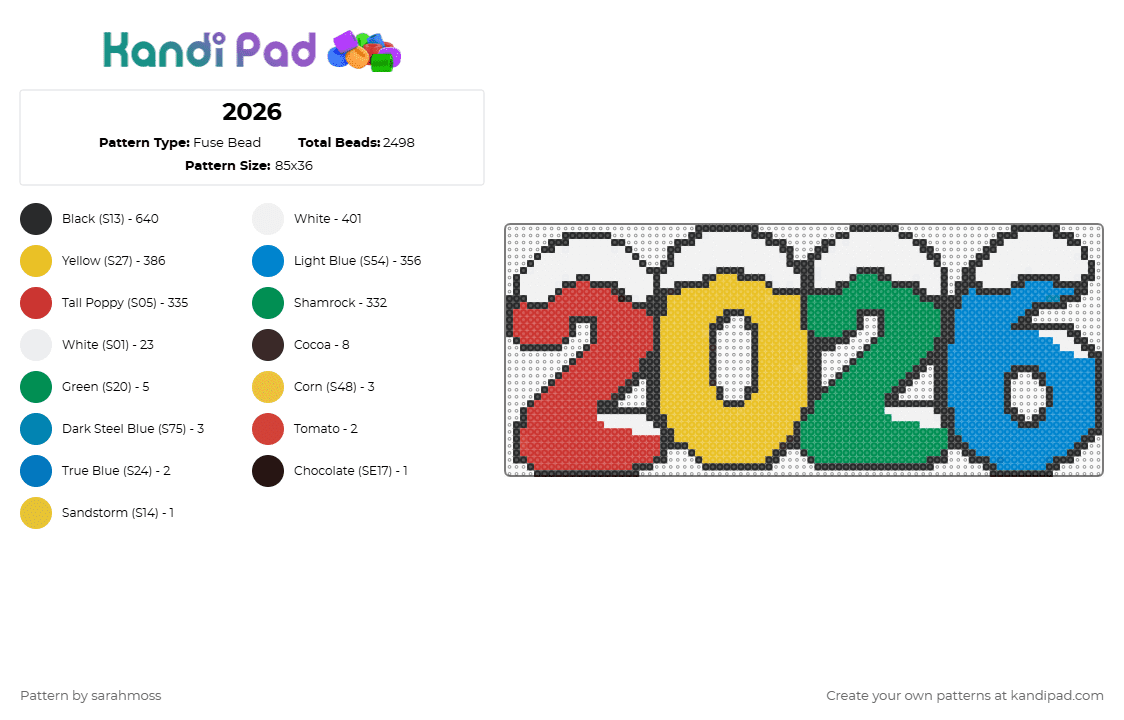 2026 - Fuse Bead Pattern by sarahmoss on Kandi Pad - yellow,green,red,blue