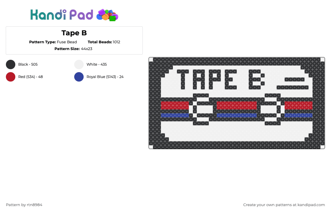 Tape B - Fuse Bead Pattern by rtn8984 on Kandi Pad - tape b,cassette,dj,edm,tape,audio,music,white,red,purple