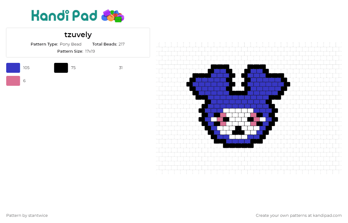 tzuvely - Pony Bead Pattern by stantwice on Kandi Pad - tzuvely,lovely,twice,beloved character,depiction,adoration,blue,pink,white