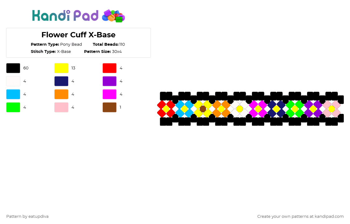 Flower Cuff X-Base - Pony Bead Pattern by eatupdiva on Kandi Pad - black,yellow,purple,pink