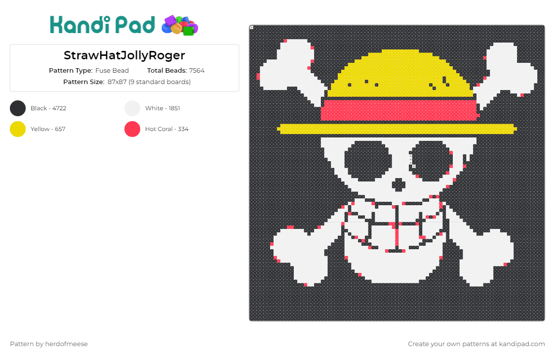 StrawHatJollyRoger - Fuse Bead Pattern by herdofmeese on Kandi Pad - straw hat,skull,one piece,anime,swashbuckling,adventures,iconic symbol,yellow,red,white,black
