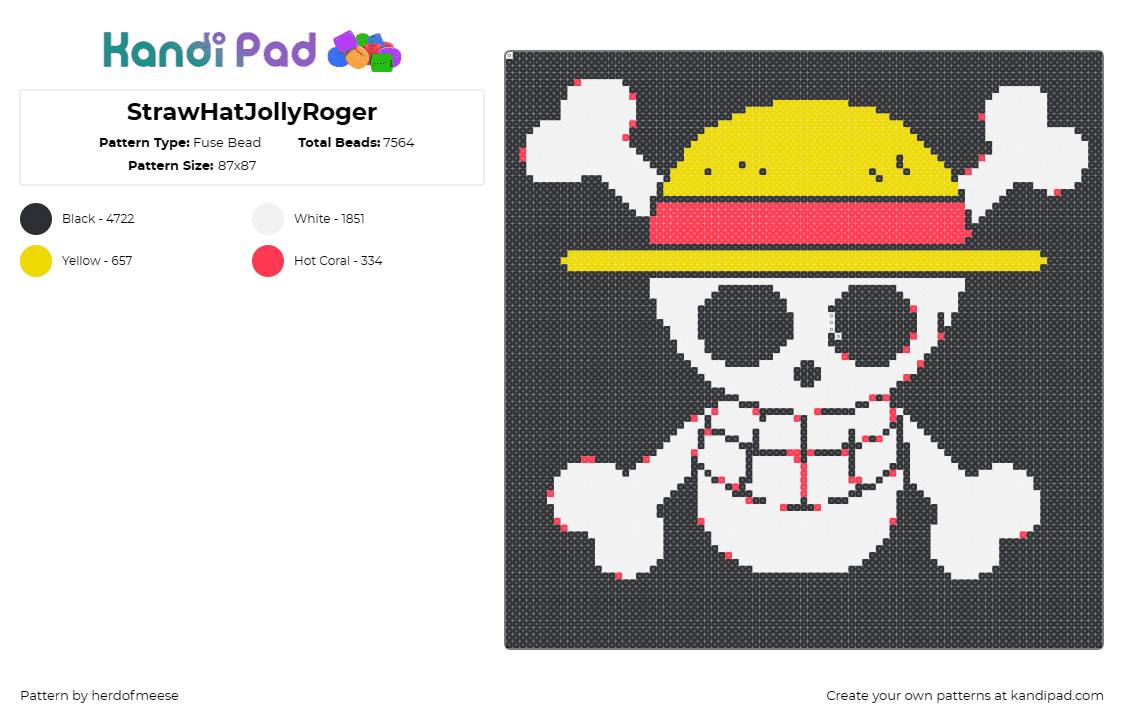 StrawHatJollyRoger - Fuse Bead Pattern by herdofmeese on Kandi Pad - straw hat,skull,one piece,anime,swashbuckling,adventures,iconic symbol,yellow,re