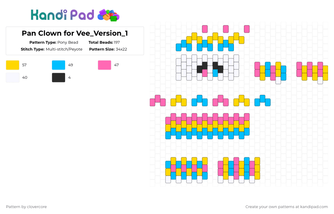 Pan Clown for Vee_Version_1 - Pony Bead Pattern by stormie_the_menace on Kandi Pad - yellow,light blue