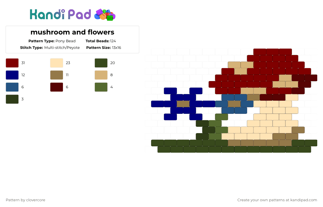mushroom and flowers - Pony Bead Pattern by stormie_the_menace on Kandi Pad - brown,beige,cotdcottagecore,mushroom,flowers