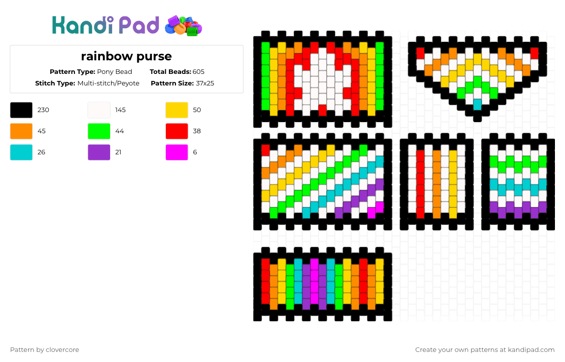 rainbow purse - Pony Bead Pattern by stormie_the_menace on Kandi Pad - white,orange,green,colorful