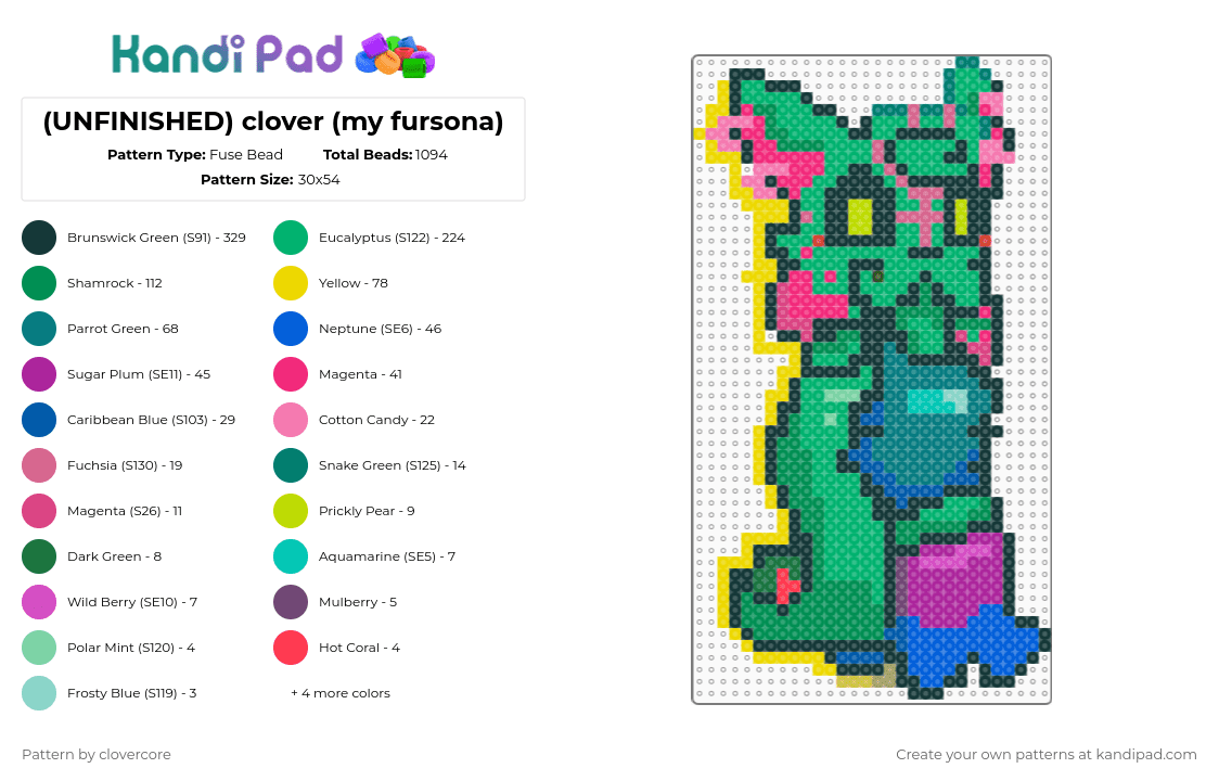 clover (my fursona) - Fuse Bead Pattern by stormie_the_menace on Kandi Pad - pink,teal,green