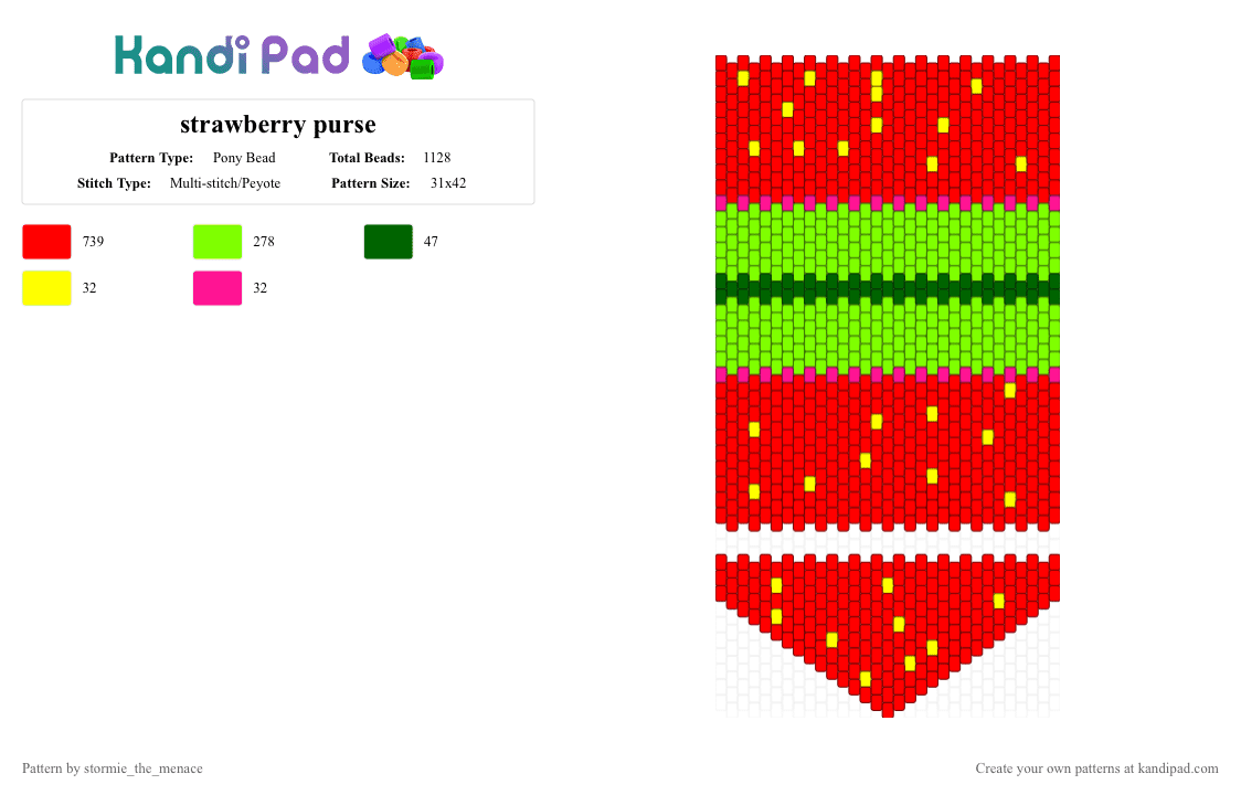 strawberry purse - Pony Bead Pattern by stormie_the_menace on Kandi Pad - green, purse, red, strawberry, yellow