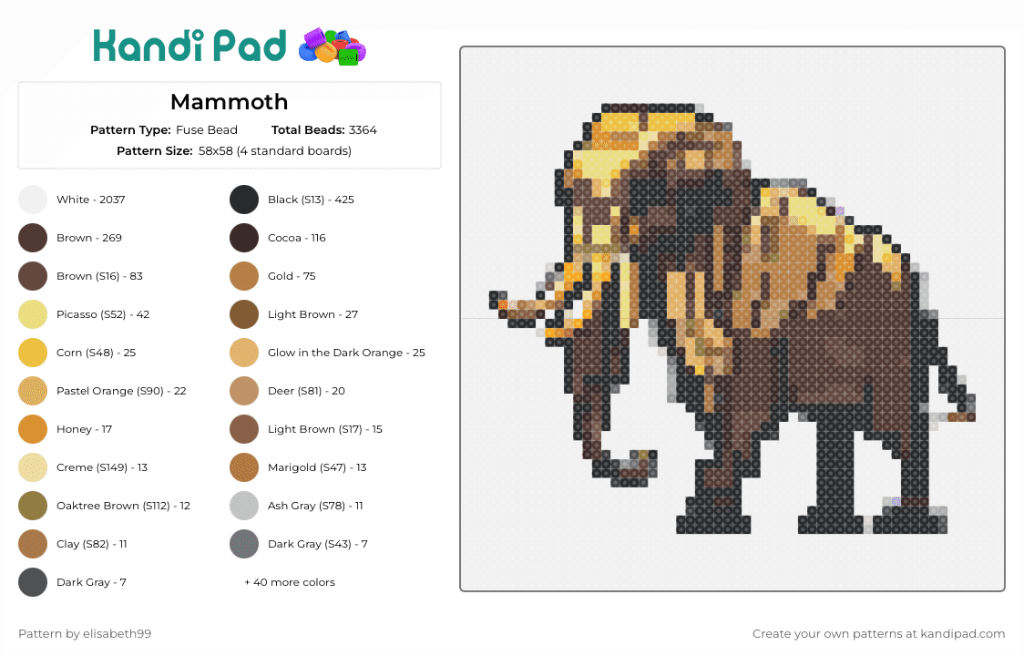 Mammoth - Fuse Bead Pattern by elisabeth99 on Kandi Pad - mammoth,animal,prehistoric wonders,detailed,ancient wildlife,earthy tones,brown,tan