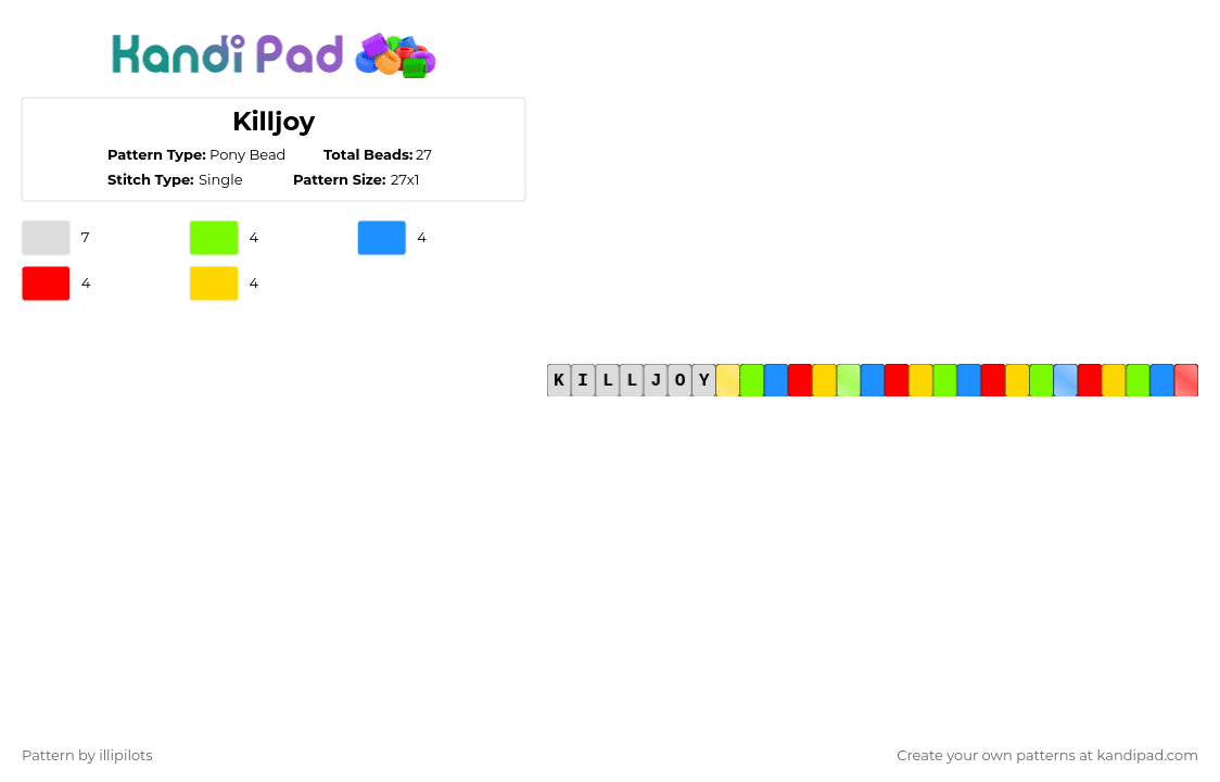 Killjoy - Pony Bead Pattern by illipilots on Kandi Pad - green,light blue,red,yellow,illipilots,danger days,killjoys,mcr,my chemical romance