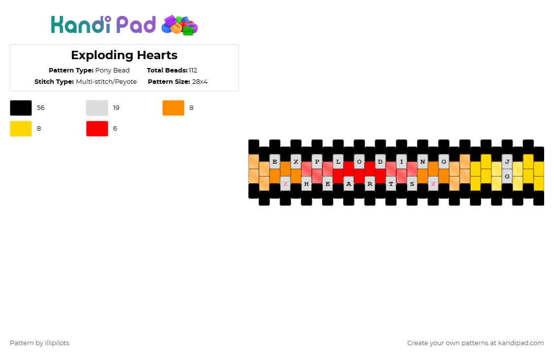 Exploding Hearts - Pony Bead Pattern by illipilots on Kandi Pad - black,orange,yellow,illipilots