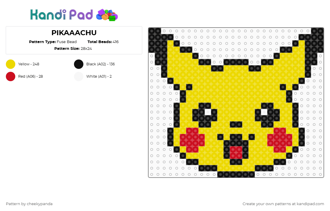 PIKAAACHU - Fuse Bead Pattern by yuzaro on Kandi Pad - yellow,pokemon,pikachu