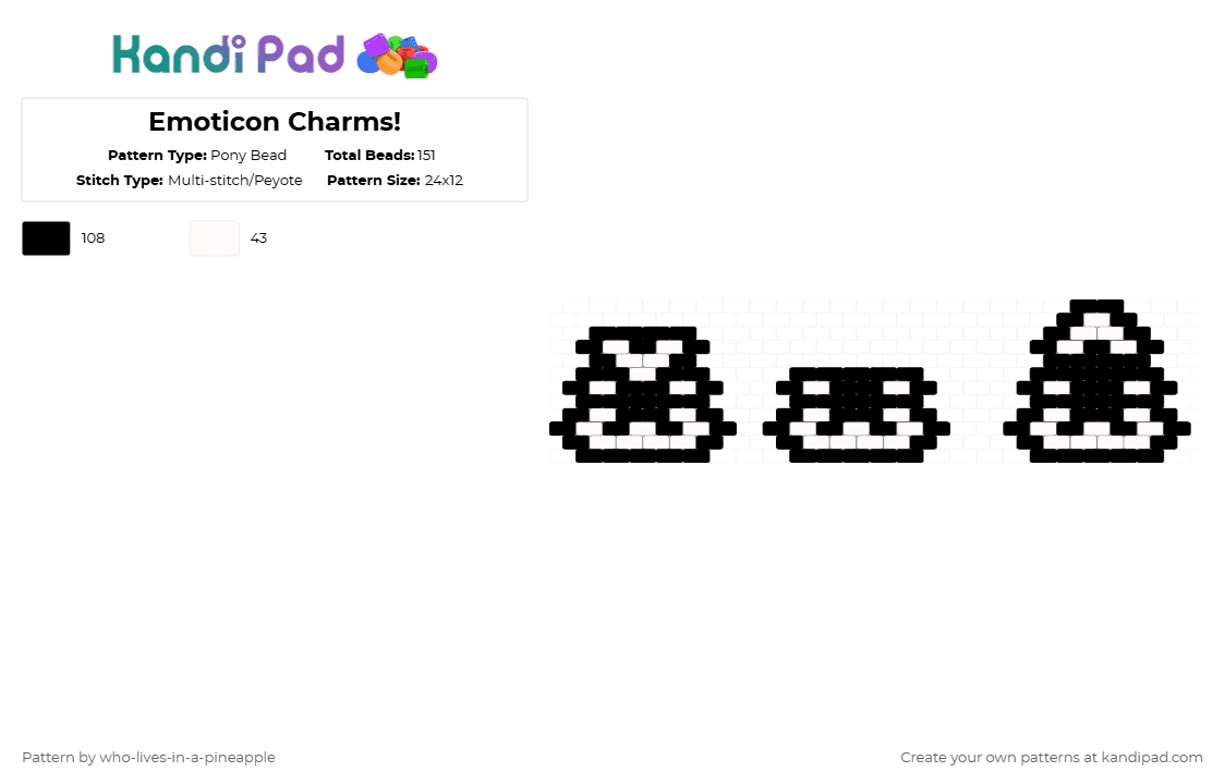 Emoticon Charms! - Pony Bead Pattern by who-lives-in-a-pineapple on Kandi Pad - black,white,emoticon,charm,cat,face