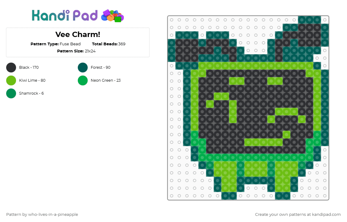 Vee Charm! - Fuse Bead Pattern by who-lives-in-a-pineapple on Kandi Pad - green,gray,dandys world,dandy,vee,roblox