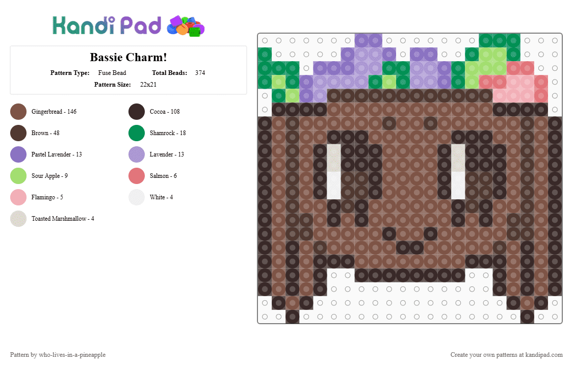 Bassie Charm! - Fuse Bead Pattern by who-lives-in-a-pineapple on Kandi Pad - bassie, bassie dandys world, brown, charm, dandys world, dw, flower, purple, tan