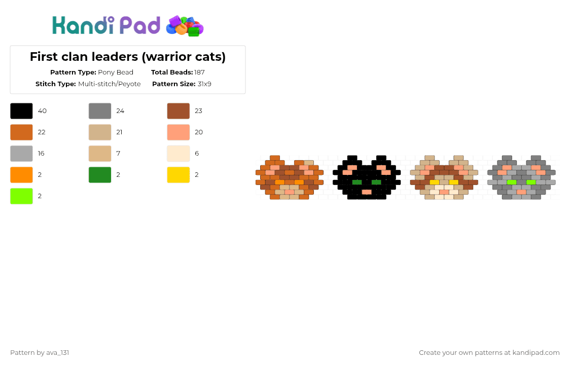 First clan leaders (warrior cats) - Pony Bead Pattern by ava_131 on Kandi Pad - orange,red,beige,gray